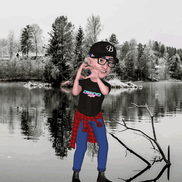 a cartoon character wearing a black t-shirt that says omega on it