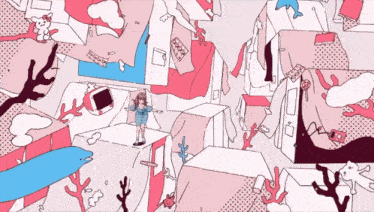 a cartoon drawing of a girl in a room with a dolphin