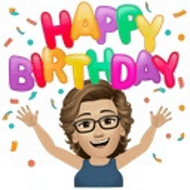 a woman with glasses is holding her arms up in the air in front of a happy birthday sign .