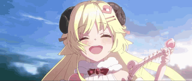 a cartoon girl with horns is smiling and holding a wand