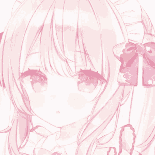 a drawing of a girl with pink hair and a bow on her head