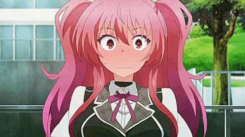 a girl with pink hair is wearing a plaid jacket and a bow tie