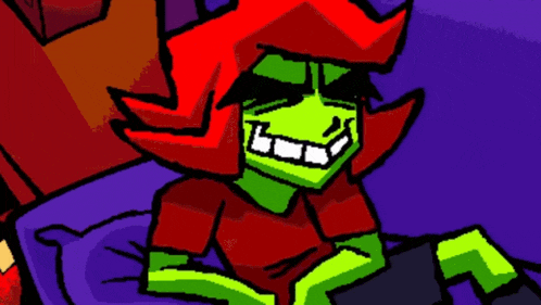 a pixel art drawing of a green and red character sitting on a bed .