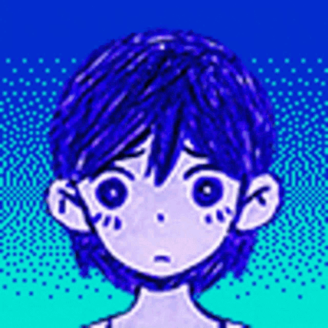 a pixel art drawing of a boy with blue hair and a sad face .