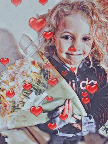 a little girl is holding a bouquet of flowers and wearing a black adidas jacket