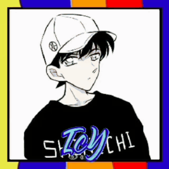 a drawing of a boy wearing a hat and a t-shirt that says ' silly chi ' on it