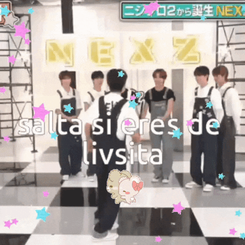 a group of people standing on a checkered floor with the words salta si eres de livsita