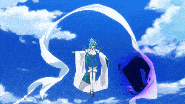 a girl with green hair is flying through a blue sky with a white ribbon