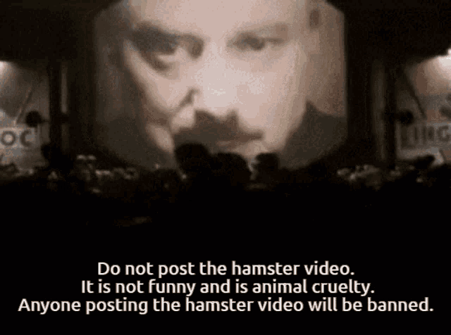 a screen shows a man with a mustache and the words do not post the hamster video