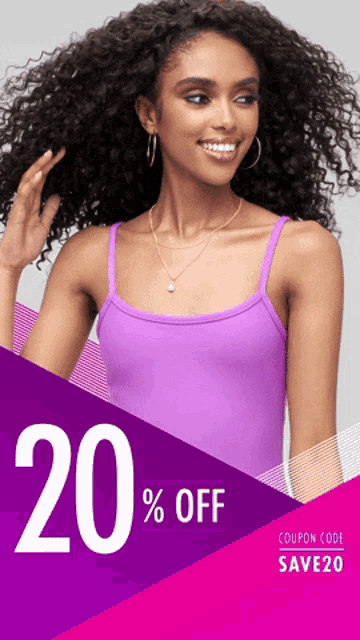 a woman wearing a purple tank top with a coupon code that says save20