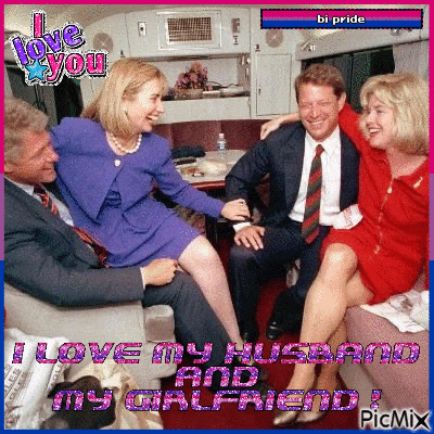 a picture of a group of people with the words " i love my husband and my girlfriend " on the bottom