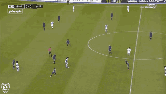 a soccer game is being played on a field and the score is 0-0