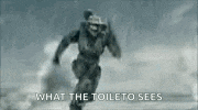 a man in a military uniform is running in the air with the words `` what the toilet to sees '' behind him .