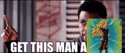 a man is pointing at a picture of a dragon ball z character with the words get this man a