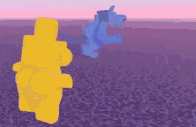 a yellow teddy bear and a blue teddy bear are standing next to each other on a purple field .