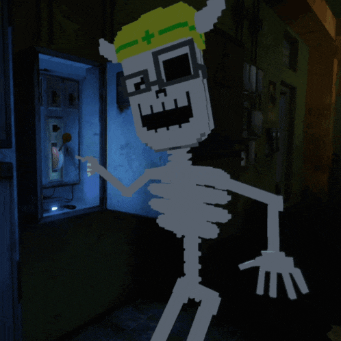 a pixel art of a skeleton with a yellow hat