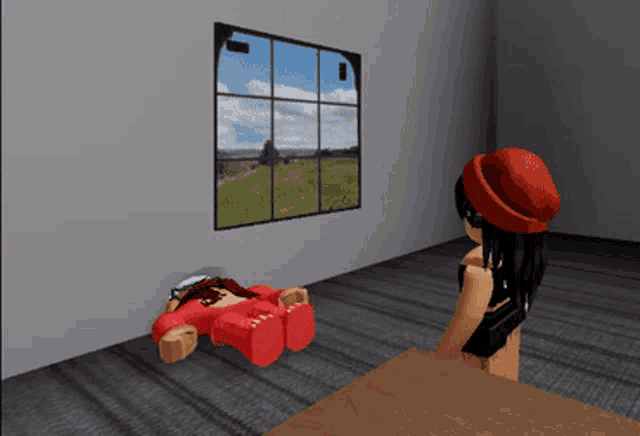 a girl in a red hat is standing in front of a window with a view of a field
