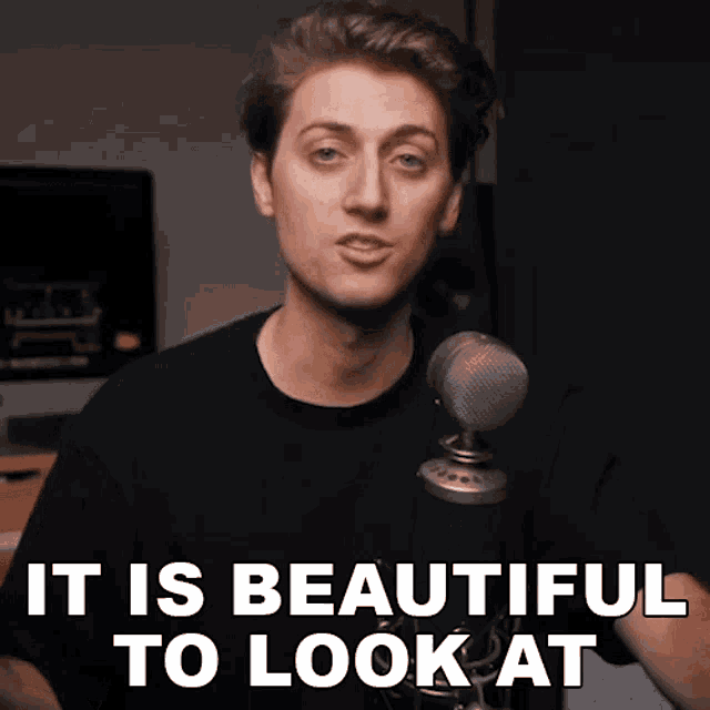 a man standing in front of a microphone with the words " it is beautiful to look at " behind him