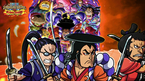 a cartoon of a group of samurai holding swords with the words one piece treasure cruise in the background