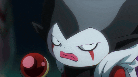 a close up of a cartoon character making an angry face and holding a red object