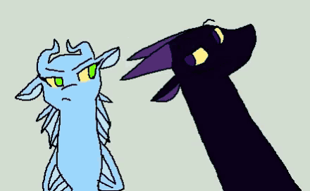 a drawing of a blue and a black dragon with green eyes
