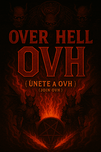a poster that says over hell ovh with demons and a pentagram