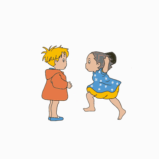 a cartoon drawing of two little girls standing next to each other on a white background