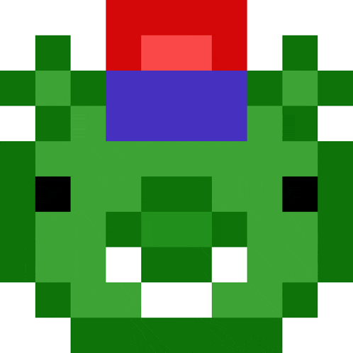 a pixel art of a green frog with a black eye and a black nose .