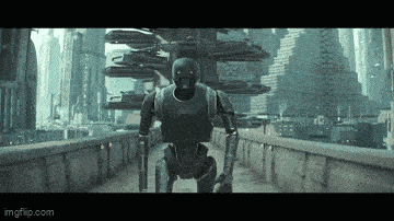 a robot is walking across a bridge in a city .