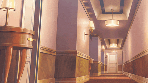 a long hallway with purple walls and lamps on the walls
