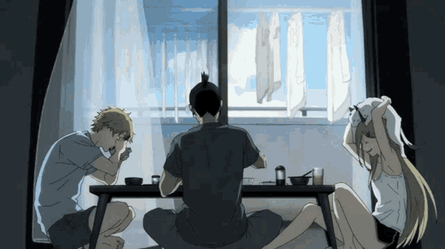 a group of anime characters are sitting around a table looking out a window