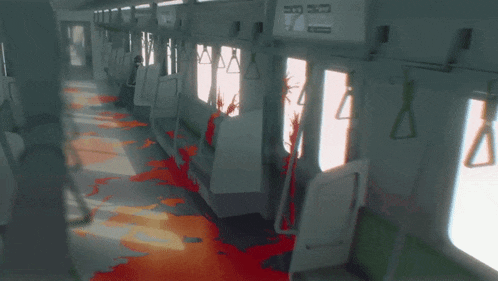 a train with blood on the floor and a sign that says ' subway ' on it