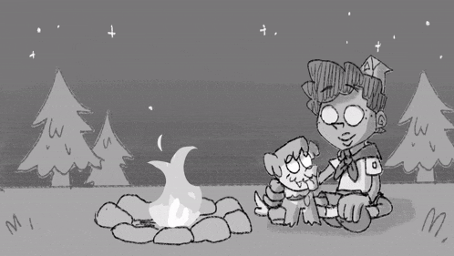 a black and white drawing of a boy and a girl sitting around a fire