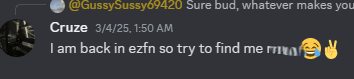 a screenshot of a discord conversation between cruze and gussy sussy9420