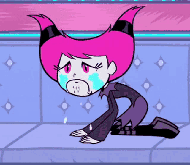 a cartoon character with pink hair and purple pants is crying .