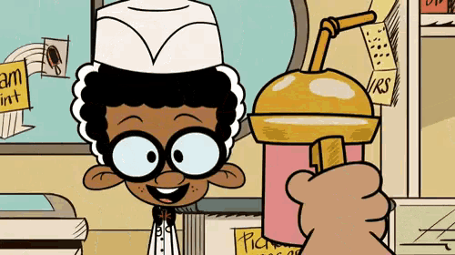 a cartoon character from the loud house is holding a milkshake with a straw