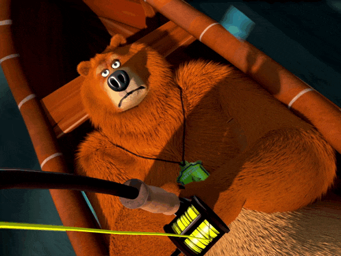 a cartoon bear is in a boat with a fishing rod and a tag that says ' fishing ' on it
