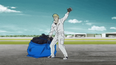 a man is carrying a blue bag and waving his hand