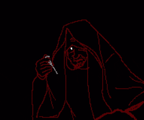 a pixel art drawing of a person holding a knife in their hand
