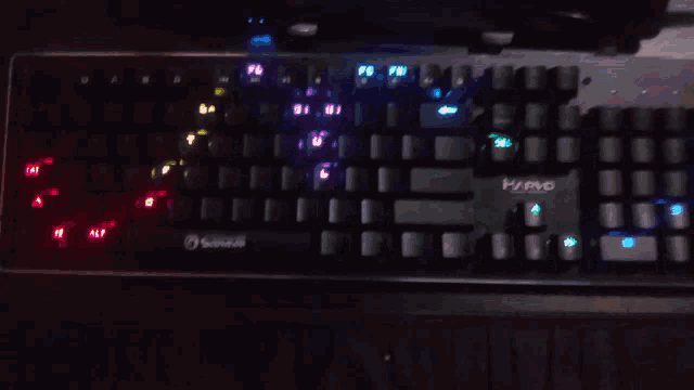 a keyboard with a rainbow of lights on the keys including the shift key