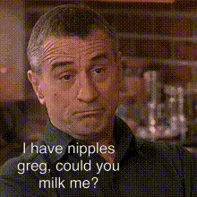 a man in a black shirt is asking greg could you milk me