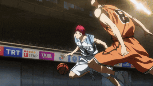 two basketball players on a court with advertisements for trt and temp behind them