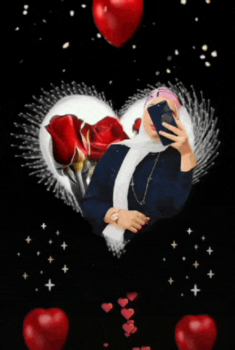 a woman is taking a picture of herself in front of a heart with roses and hearts surrounding her