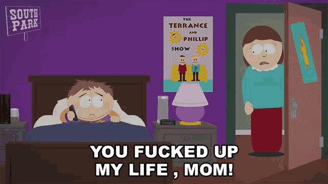 a cartoon of a man laying in bed with a sign that says south park behind him