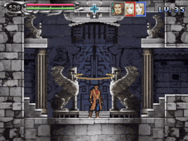 a screenshot of a video game shows a man standing in front of a gate with lv 35 on the bottom left