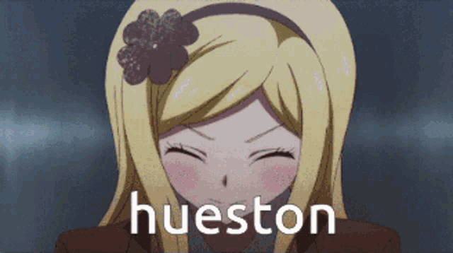 a girl with a flower in her hair has the word hueston on the bottom