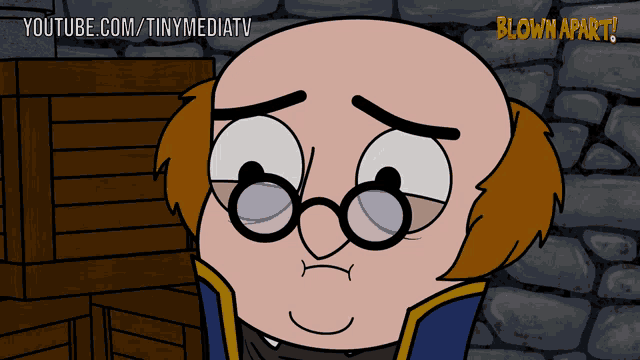 a cartoon of a man with glasses and the words blown apart below him