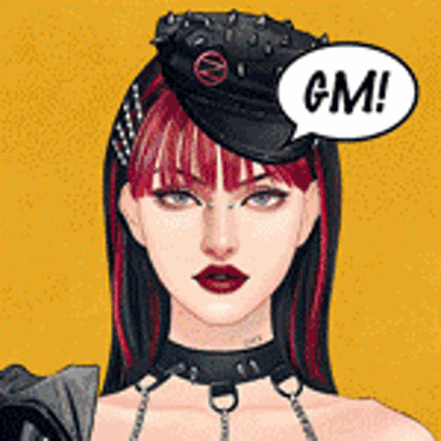 a woman with red hair and a hat is wearing a choker and a speech bubble that says gm .