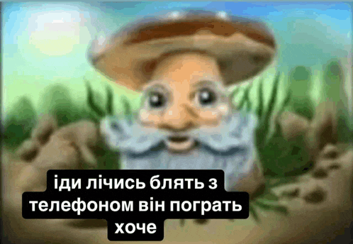 a cartoon of a man with a beard and a mushroom hat with a caption in another language