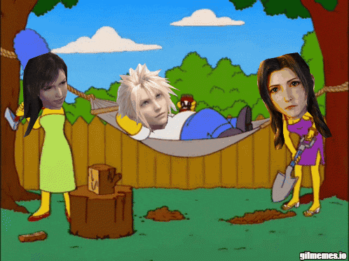 a cartoon of homer simpson laying in a hammock with two women standing around him